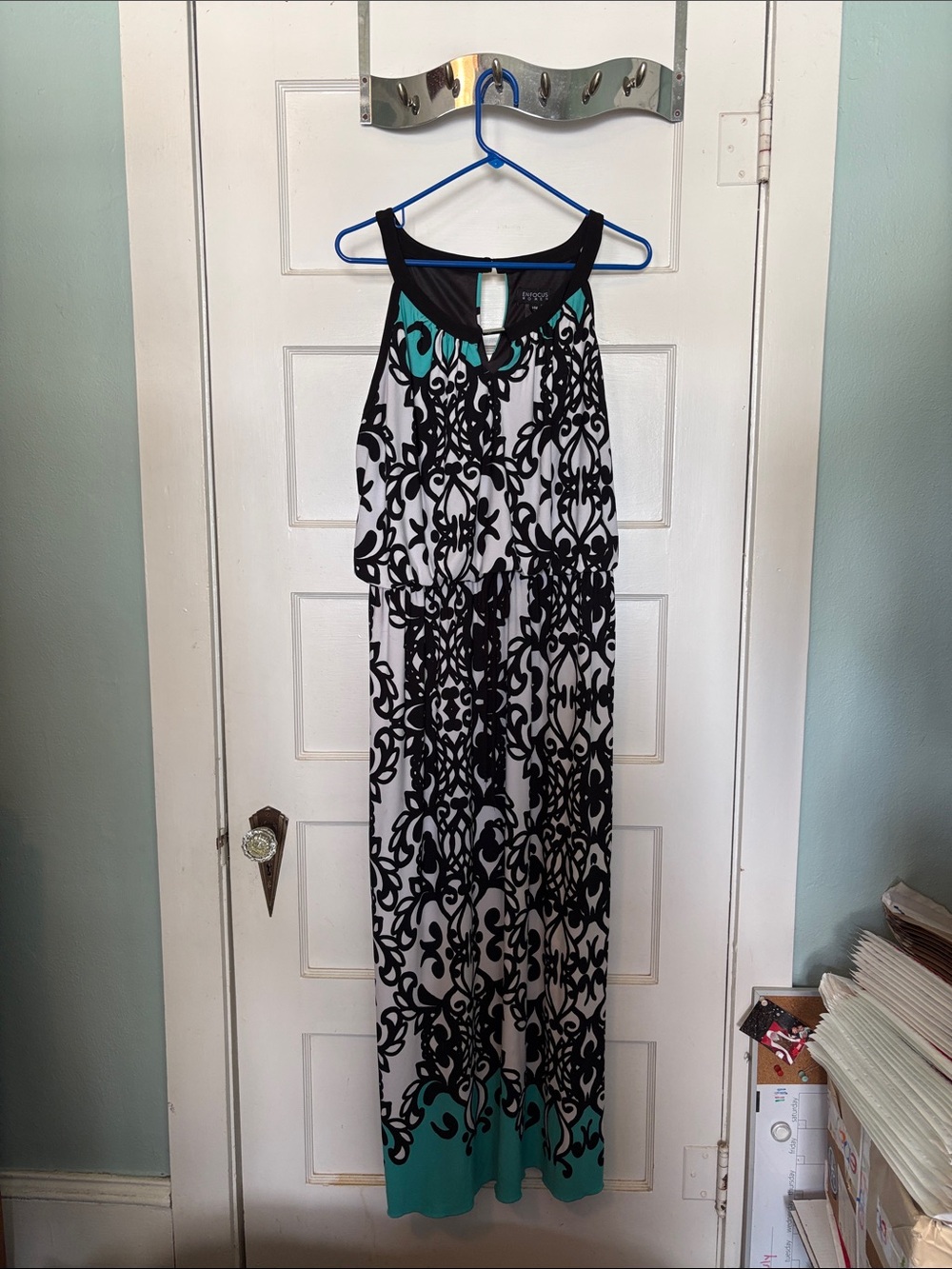 Enfocus Sleeveless Black & White Maxi Dress with Teal Accents Size 14W
